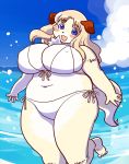  anthro barefoot beach belly big_breasts bikini blonde_hair blue_eyes blush breasts canid canine canis chest_tuft clothed clothing cloud domestic_dog female fur hair hi_res kemono kin-shun looking_at_viewer mammal open_mouth outside overweight overweight_female seaside side-tie_bikini sky smile solo swimwear tan_body tan_fur tuft water 