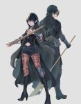  1boy 1girl absurdres arm_guards armor back-to-back bangs belt black_armor black_cape black_footwear black_gloves black_pants black_shirt black_shorts blue_eyes blue_hair boots breasts brown_legwear byleth_(fire_emblem) byleth_(fire_emblem)_(female) byleth_(fire_emblem)_(male) cape cleavage_cutout commentary_request detached_collar elbow_pads emblem eyebrows_behind_hair fire_emblem fire_emblem:_three_houses full_body gauntlets gloves grey_background hair_between_eyes high_heel_boots high_heels highres holding holding_polearm holding_sword holding_weapon knee_boots koco_(dcde7288) long_sleeves looking_at_viewer medium_breasts medium_hair navel navel_cutout pants pantyhose patterned_clothing profile shirt short_hair short_shorts shorts shoulder_armor sidelocks simple_background single_knee_pad smile standing sword sword_of_the_creator weapon 