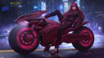  1girl absurdres bangs bodysuit chaos_(pixiv3726393) cyberpunk fate/grand_order fate_(series) full_body ground_vehicle gun highres holding holding_weapon long_hair looking_at_viewer motor_vehicle motorcycle on_motorcycle purple_bodysuit purple_hair red_eyes red_hair sandals scathach_(fate)_(all) scathach_(fate/grand_order) solo toes weapon 