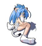  1girl alternate_color animal_ears animal_hands animal_print bad_id bare_legs bare_shoulders black_outline blue_eyes blue_hair blush_stickers cham_cham claws commentary_request covered_mouth covering_own_mouth cowlick curtained_hair dress gloves hand_over_own_mouth kitsupon legs_together long_feet lowres official_alternate_color outline parted_bangs paw_gloves paw_shoes pawpads pelvic_curtain samurai_spirits seiza shoes simple_background sitting snk solo spiked_hair striped_clothes striped_dress striped_gloves striped_shoes striped_tail tail thick_outlines tiger_ears tiger_print turning_head white_background white_dress white_gloves white_shoes white_tail white_tiger_print 