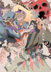  2boys ashiya_douman_(fate) asymmetrical_clothes bell black_hair commentary_request crossover earrings fate/grand_order fate_(series) fingernails hair_bell hair_ornament highres jewelry kusuriuri_(gekijouban_mononoke) kusuriuri_(mononoke) long_hair looking_at_viewer male_focus mononoke multicolored_hair multiple_boys ofuda sakura_(skr_i) sharp_fingernails solo split-color_hair sword_of_exorcism two-tone_hair very_long_hair white_hair 