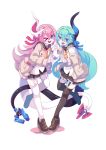  absurdres arm_scrunchie asymmetrical_horns blue_hair blush gloves highres honkai_(series) honkai_impact_3rd horns intertwined_tails liliya_olenyeva long_hair mechanical_horns mechanical_tail mismatched_gloves mujib multicolored_hair red_hair rozaliya_olenyeva school_uniform siblings tail thick_eyebrows twins 