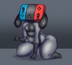  animate_inanimate anthro big_butt breasts butt canid female floppy_ears grey_background hi_res izzybsides kneeling mammal nintendo nintendo_switch nude short_stack simple_background smile solo switch_dog thick_thighs tongue tongue_out video_games wide_hips 