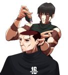  1boy 1girl absurdres ace_(imajination16) artist_name black_sclera blood burn_scar cheekbones choso_giving_toudou_a_haircut_(meme) colored_sclera crow's_feet empty_eyes english_commentary father_and_daughter hair_clipper highres injury jujutsu_kaisen mature_male meme one_eye_closed scar scar_on_arm scar_on_face short_hair simple_background sleeveless toned toned_female upper_body white_background zen'in_maki zen'in_ogi 