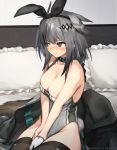  1girl animal_ears arknights bare_shoulders bed black_hair black_hairband black_jacket black_legwear blush breasts bunny_ears bunny_tail cleavage commentary dated fake_animal_ears frilled_pillow frills gloves gradient_hair green_eyes grey_hair grey_leotard greythroat_(arknights) hair_ornament hairband half_gloves jacket jacket_removed jakoujika large_breasts leotard long_hair looking_away looking_to_the_side multicolored_hair on_bed pillow single_glove sitting solo tail thighhighs white_gloves 