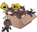  &gt;_&lt; 6+girls :&lt; =_= absurdres black_skirt blush box brown_hair cardboard_box chibi dog_tail edel_(edelcat) hair_flaps hatsuzuki_(kantai_collection) headband heart highres holding holding_sign in_box in_container kantai_collection look-alike multiple_girls short_hair sign simple_background skirt tail too_many white_background yellow_eyes 