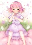  1girl :o arms_up barefoot blurry blurry_background blush bow commentary_request criss-cross_halter depth_of_field eyebrows_visible_through_hair fairy fairy_wings feet_out_of_frame finger_to_face green_eyes hair_ornament halterneck highres knee_up lavender_dress looking_at_viewer megu_(littlestar) on_flower original partial_commentary petals pink_hair purple_bow short_hair short_sleeves signature sitting solo wings x_hair_ornament 