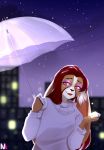  clothed clothing eyewear glasses hair hi_res lagomorph leporid mammal nyakomata piper_(bralios) rabbit red_eyes red_hair smile solo star umbrella 