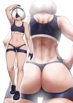  1girl arm_up armpits ass ass_cutout back bare_shoulders black_blindfold black_hairband blindfold blue_footwear blue_gloves breasts cleavage commentary_request finalcake from_behind full_body gloves hairband hand_behind_head hand_on_hip navel nier_(series) nier_automata short_hair silver_hair sports_bra standing thighs toned yorha_no._2_type_b 
