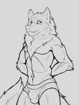  2020 anthro bulge canid canine canis clothed clothing clyde_wolf digital_media_(artwork) fur grey_background hair hands_behind_back hi_res male mammal mane monochrome muscular simple_background sketch solo topless underwear wolf 