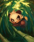  2013 bamboo bamboo_forest brown_eyes cloud cloudy_sky commentary creature day delano-laramie english_commentary forest full_body gen_5_pokemon highres jumping leaf mouth_hold nature no_humans outdoors pancham panda pokemon pokemon_(creature) signature sky solo 