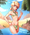  bikini blonde_hair blue_eyes bulge clothed clothing crossdressing genital_outline gesture girly hair hi_res humanoid humanoid_pointy_ears hylian link male nintendo not_furry partially_submerged penis_outline skibby solo swimwear the_legend_of_zelda v_sign video_games 