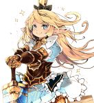  &gt;:) 1girl armor armored_dress bangs blonde_hair blue_dress blue_eyes charlotta_fenia closed_mouth commentary_request crown dress eyebrows_visible_through_hair frilled_dress frills gauntlets granblue_fantasy hands_on_hilt harvin highres long_hair looking_at_viewer mini_crown outstretched_arms pointy_ears puffy_short_sleeves puffy_sleeves short_sleeves smile solo sparkle sword v-shaped_eyebrows venomrobo very_long_hair weapon white_background 