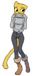  alternate_costume anthro bethesda_softworks blush boots clothing felid female filthypally footwear fur katia_managan khajiit mammal prequel simple_background solo sweater the_elder_scrolls topwear video_games webcomic white_background yellow_body yellow_fur yellow_sclera 