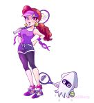  1girl alternate_costume artist_name ball black_leggings blooper_(mario) blue_eyeshadow blue_shorts brown_hair captain_syrup chan23berry earrings eyeshadow hat highres holding holding_tennis_ball holding_tennis_racket jewelry leggings long_hair makeup mario_(series) mario_tennis ponytail purple_hat purple_tank_top racket red_eyes shoes short_shorts shorts simple_background tank_top tennis_ball tennis_racket visor_cap wario_land white_background 