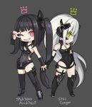  2girls architect_(girls_frontline) bangs black_hair black_legwear black_leotard black_shorts breasts chibi cleavage commentary_request covered_navel crown detached_sleeves english_text full_body gager_(girls_frontline) girls_frontline green_eyes grey_background hair_ornament high_heels holding_hands leotard long_hair looking_at_viewer medium_breasts multiple_girls nail_polish one_eye_closed pink_eyes pink_nails ponytail ran_system sangvis_ferri shorts side_ponytail sidelocks simple_background striped thighhighs v_over_eye white_hair 