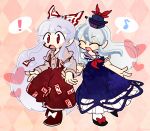  ! 2girls ahoge argyle argyle_background black_footwear blue_dress blue_headwear bow closed_eyes dress eighth_note frills fujiwara_no_mokou full_body hair_bow hands_together harunori_(hrnrx) hat hat_ribbon heart kamishirasawa_keine long_hair long_sleeves multicolored_hair multiple_girls musical_note neckerchief open_mouth pants pink_background red_bow red_eyes red_footwear red_neckwear red_pants red_ribbon ribbon shirt shoe_bow shoes short_sleeves silver_hair smile spoken_exclamation_mark spoken_musical_note touhou two-tone_hair white_legwear white_shirt 