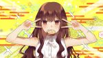  1girl bangs brown_eyes brown_hair buttons cake collared_shirt commentary_request double_v emotional_engine_-_full_drive expressionless eyebrows_visible_through_hair fate/extra fate/grand_order fate_(series) food food_in_mouth hair_between_eyes highres imori_(ineed_ea) kishinami_hakuno_(female) long_hair parody shirt sleeveless sleeveless_shirt solo swiss_roll upper_body v white_shirt 