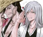  2boys anima_tion_1 beard bleach brown_eyes brown_hair chest_hair commentary facial_hair green_eyes grey_hair grin hair_over_one_eye haori hat hat_tip highres japanese_clothes kyouraku_shunsui long_hair male_focus multiple_boys one_eye_closed pectoral_cleavage pectorals pink_haori salute smile straw_hat symbol-only_commentary taichou_haori ukitake_juushirou white_haori 