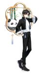  1boy absurdres bamboo belt black_belt black_eyes black_hair black_jacket black_pants black_shoes closers full_body hand_in_pocket hand_on_own_head hand_up heel_up highres jacket lattice looking_at_viewer male_focus mandarin_collar official_art open_clothes open_jacket panda pants parted_bangs parted_lips seha_lee shirt shoes short_hair solo standing tachi-e white_background white_shirt wide_sleeves window 