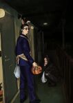 1boy 1girl animal_ears apartment apron bag black_hair commentary dark door english_commentary fake_animal_ears glasses gokushufudou halloween halloween_costume highres holding holding_pumpkin jack-o'-lantern kousuke_oono miku_(gokushufudou) night plastic_bag pumpkin rabbit_ears railing short_hair squatting standing tatsu_(gokushufudou) 