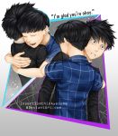  4boys artist_name back bangs black_hair black_jacket blue_shirt blunt_bangs brothers checkered checkered_shirt clenched_teeth closed_eyes crying crying_with_eyes_open gradient gradient_background highres hug insertsomthinawesome jacket kageyama_ritsu kageyama_shigeo long_sleeves looking_at_viewer male_focus mob_psycho_100 multiple_boys multiple_persona open_mouth school_uniform shirt short_hair short_sleeves siblings smile standing straight_hair tears teeth upper_body watermark web_address 