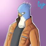  1:1 2019 animal_humanoid anthro avian avian_humanoid beak bird black_clothing black_shirt black_topwear blue_body blue_feathers brown_clothing brown_jacket clothed clothing curizzu digital_media_(artwork) falcon falconid feathers hair hi_res humanoid jacket leather leather_jacket leon_sokol_(ssrdraws) male peregrine_falcon shirt simple_background smile solo standing topwear white_body white_feathers 