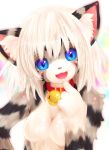  2015 anthro bell bell_collar blue_eyes blush breasts claws collar domestic_cat featureless_breasts felid feline felis female fur grey_body grey_fur hair hi_res karin looking_at_viewer mammal nude open_mouth short_hair solo striped_body striped_fur stripes tabby_cat tetetor-oort whiskers white_hair young 