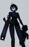  1girl 1other arm_cannon ashes black_hair blame! blue_eyes broken cable closed_mouth darkpulsegg energy_cannon expressionless floating_hair from_below highres holding humanoid_robot joints looking_at_viewer mechanical_arms mechanical_legs narrow_waist robot robot_girl robot_joints safeguard_(blame!) sanakan science_fiction short_hair silicon_creature_(blame!) simple_background standing weapon 