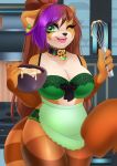  2020 anthro apron big_breasts black_nose blizzard_entertainment breasts brown_hair cleavage clothed clothing collar cooking dannyckoo ear_piercing ear_ring female green_eyes hair hi_res highlights_(coloring) kiku_(white_knight19) kitchen mammal one_eye_closed open_mouth pandaren piercing purple_highlights red_pandaren smile solo tresertf ursid video_games warcraft 