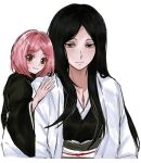  2girls anima_tion_1 black_hair black_kimono bleach bleach:_sennen_kessen-hen blue_eyes blush_stickers brown_eyes empty_eyes expressionless hair_intakes haori highres japanese_clothes kimono kusajishi_yachiru long_hair medium_hair multiple_girls pink_hair scar scar_on_chest size_difference smile taichou_haori unohana_retsu white_haori wide_sleeves 