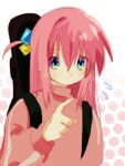  1girl 2525niconico3 ahoge blue_eyes bocchi_the_rock! closed_mouth commentary_request flying_sweatdrops gotoh_hitori hair_between_eyes hair_ornament highres long_hair long_sleeves looking_at_viewer pink_hair polka_dot solo upper_body 