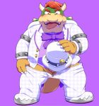  2017 anthro barely_visible_genitalia barely_visible_penis belly blush bodily_fluids bottomwear bowser clothing drooling genitals humanoid_hands kemono koopa male mario_bros nintendo overweight overweight_male pants penis penta002 saliva scalie shirt simple_background tongue tongue_out topwear video_games 