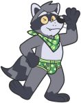  2020 anthro bulge clothing colelucario cute_fangs fur goronic grey_body grey_fur humanoid_hands male mammal one_eye_closed procyonid raccoon simple_background solo underwear white_background wink 