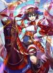  :d battle_standard black_hair blue_eyes blue_headwear company_name detached_sleeves flag gloves greaves hat_feather headband hmk84 horse horseback_riding official_art open_mouth pointing pointing_at_viewer red_headband reins riding sengoku_taisen smile white_gloves 