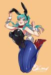  1girl animal_ears black_leotard blue_legwear bow bowtie breasts bulma bunny_ears bunny_girl bunny_tail bunnysuit clenched_hand commentary detached_collar dragon_ball dragon_ball_(classic) english_commentary fake_animal_ears green_eyes green_hair high_heels jumping large_breasts legs_together leotard long_hair long_legs looking_at_viewer na_young_lee orange_background red_bow red_footwear revision shiny shiny_clothes smile solo strapless strapless_leotard tail wrist_cuffs 