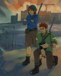  1boy 1girl bag bandaged_arm bandages beanie binoculars blue_shirt brown_hair crossed_arms cuno cunoesse_vittulainen disco_elysium full_body green_jacket gun hat highres holding holding_binoculars in-universe_location jacket on_one_knee outdoors shirt short_hair shotgun shoulder_bag ssshiversss standing sunrise weapon weapon_on_back 