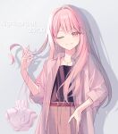  1other ;d absurdres akiyama_mizuki bag belt black_camisole brown_belt camisole commentary drop_shadow grey_background grid grid_print group_name hand_on_own_hip hand_up highres jewelry light_blush looking_at_viewer necklace official_alternate_costume official_alternate_hair_length official_alternate_hairstyle one_eye_closed open_clothes open_shirt other_focus pants pink_bag pink_eyes pink_hair pink_pants pink_shirt project_sekai shadow shirt smile solo sora_(men0105) teeth three-quarter_sleeves zozotown 