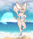  absurd_res anthro beach big_breasts bikini breasts canid canine cleavage clothed clothing ethereal_tail female fennec fox green_eyes hair hi_res long_hair mammal pigtails sand scorpdk sea seaside solo sparkles swimwear telethia_(scorpdk) water 