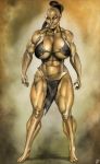  5_fingers 5_toes big_breasts biped black_hair breasts brown_background clothed clothing female fingers hair hi_res humanoid_pointy_ears jlazarus muscular nipple_outline orc simple_background skimpy solo standing tan_body tan_skin toes tusks 