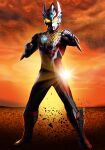  1boy abs absurdres alien arm_guards armor black_skin blue_gem breastplate clenched_hand cloud cloudy_sky color_timer colored_skin commentary debris diffraction_spikes dorsal_fin forehead_jewel full_body gem giant giant_male glowing glowing_eyes hands_up highres horns legs_apart looking_at_viewer male_focus multicolored_skin muscular muscular_male no_pupils orange_sky pectorals red_skin shin_guards silver_skin sky solo standing sunset tokusatsu ultra_series ultraman_reiga ultraman_taiga_(series) wrist_blades yellow_eyes yoshifuto 