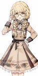  1girl adjusting_eyewear alternate_costume bespectacled black_ribbon blonde_hair bow bowtie braid brown_bow brown_bowtie brown_jacket brown_skirt cowboy_shot fang fujita_kotone gakuen_idolmaster glasses hair_ribbon hand_on_own_hip highres idolmaster jacket long_hair long_sleeves looking_at_viewer low_twin_braids migolu open_mouth plaid_bow plaid_bowtie plaid_clothes ribbon shirt simple_background skirt smile solo twin_braids twitter_username white_background white_shirt yellow_eyes 