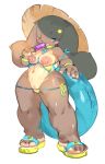  2017 anthro bikini blue_eyes breasts buttercream_(halsione) clothing female food food_fetish footwear fur grey_body grey_fur halsione hat headgear headwear hi_res lagomorph leporid mammal nipples one_eye_closed open_mouth rabbit sandals short_stack simple_background solo standing suggestive suggestive_food swimwear thick_thighs tongue tongue_out white_background wide_hips 