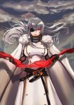  1girl absurdres azur_lane buckle buttons cape coat coat_dress double-breasted floating_hair fur-trimmed_cape fur-trimmed_coat fur_trim hat high_collar highres holding_scepter huge_filesize ice military_hat multiple_straps snow sovetskaya_rossiya_(azur_lane) white_cape white_coat white_headwear zawijawa 
