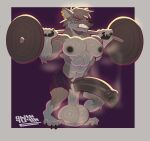 2025 4_toes 5_fingers abs anthro artist_name balls barbell big_balls big_penis black_body black_claws black_fur black_hair black_nipples black_nose black_pawpads bodily_fluids border bottomwear canid canine canis claws clenched_teeth clothed clothing digital_media_(artwork) drooling ear_piercing ear_ring edugta_(character) erection exercise exercise_clothing exercise_equipment exercise_gear eyes_closed facial_markings facial_piercing fangs feet fingers foreskin fur genitals gloves_(marking) grey_body grey_border grey_fur hair head_markings hi_res huge_balls huge_penis humanoid_genitalia humanoid_penis leg_markings male mammal markings muscular muscular_anthro muscular_male musk musk_cloud musky_balls musky_penis nipples open_mouth owenyuyin partially_retracted_foreskin pawpads paws pecs penis piercing purple_background ring_piercing saliva shorts signature simple_background socks_(marking) solo standing teeth text toes tuft vein veiny_penis wardrobe_malfunction weightlifting weights wolf workout