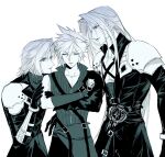  3_3lecho 3boys absurdres age_comparison arm_armor armor asymmetrical_sleeves belt bracer chest_strap cloud_strife commentary elbow_gloves final_fantasy final_fantasy_vii final_fantasy_vii:_advent_children final_fantasy_vii:_ever_crisis gloves greyscale hand_on_another's_shoulder hashtag-only_commentary height_difference highres leaning_forward light_smile long_bangs long_coat long_hair looking_at_another male_focus medium_hair monochrome multiple_boys multiple_persona parted_bangs pauldrons sephiroth sephiroth_(ever_crisis) short_hair shoulder_armor shoulder_strap simple_background single_pauldron slit_pupils spiked_hair sweater time_paradox toned toned_male turtleneck turtleneck_sweater upper_body very_long_hair vest waist_cape white_background 