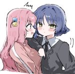  2girls ^^^ black_ribbon black_sweater_vest blue_eyes blue_hair blush bocchi_the_rock! breasts collared_shirt commentary_request cube_hair_ornament embarrassed gotoh_hitori hair_between_eyes hair_ornament hairclip jacket large_breasts long_hair long_sleeves looking_at_another mesugakisaikou multiple_girls neck_ribbon one_side_up open_mouth pink_hair pink_jacket pink_track_suit ribbon school_uniform shimokitazawa_high_school_uniform shirt short_hair simple_background surprised sweatdrop sweater_vest track_jacket track_suit upper_body vest white_background white_shirt yamada_ryo yellow_eyes yuri 
