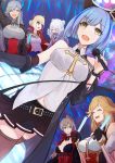  +_+ 6+girls :d =_= ^_^ arm_up asymmetrical_clothes azur_lane bangs bare_shoulders belt black_belt black_choker black_gloves black_jacket black_legwear black_ribbon black_skirt blonde_hair blue_eyes blue_hair blue_skirt blunt_bangs breasts brown_hair brown_legwear butterfly_hair_ornament cable cape choker cleavage closed_eyes collared_shirt commentary_request corset country_connection cowboy_shot criss-cross_halter cross detached_sleeves double_bun dress dunkerque_(azur_lane) dutch_angle earrings epaulettes eyebrows_visible_through_hair fleur_de_lis floating_headgear french_flag fur-trimmed_sleeves fur_trim gascogne_(azur_lane) gascogne_(muse)_(azur_lane) gauntlets gloves glowstick grey_hair hair_bun hair_flaps hair_ornament half_gloves halterneck headgear heart high_ponytail highres holding holding_glowstick holding_microphone idol jacket jean_bart_(azur_lane) jewelry large_breasts latin_cross le_malin_(azur_lane) le_triomphant_(azur_lane) light_brown_hair long_hair looking_at_another marshall2033 mechanical_hands microphone multiple_girls music navel neck_ribbon open_mouth parted_lips pleated_skirt ponytail purple_eyes red_cape ribbon richelieu_(azur_lane) shirt short_hair sidelocks silver_hair singing single_gauntlet skirt sleeveless sleeveless_shirt small_breasts smile stage striped striped_leotard sweatdrop swept_bangs symbol-shaped_pupils thighhighs underboob_cutout upper_body upper_teeth vertical_stripes white_dress yellow_eyes zettai_ryouiki |d 