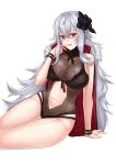  1girl azur_lane black_swimsuit breasts cleavage finger_to_mouth flower graf_zeppelin_(azur_lane) graf_zeppelin_(beachside_urd)_(azur_lane) grey_hair hair_flower hair_ornament highres large_breasts long_hair looking_at_viewer red_eyes silver_hair smile solo sum_ku swimsuit white_background white_hair 