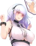  1girl absurdres anchor_choker anchor_necklace apron armpits arms_up azur_lane bangs bare_shoulders black_hairband breasts center_frills chickentamago05 choker commentary_request dido_(azur_lane) frilled_apron frilled_choker frills from_below hairband hand_on_back highres large_breasts lavender_hair looking_down maid maid_dress open_mouth pink_eyes shirt sleeveless sleeveless_shirt underboob underboob_cutout underbust wrist_cuffs 